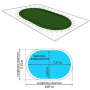 Copertura Sagomata 12,50 X 7,00 M Invernale Standard 240 Gr/m² Con Occhielli E Corda Elastica Per Piscine Ovali 11,00 X 5,50 M Dimensione piscina: 7.37 X 3.60 m