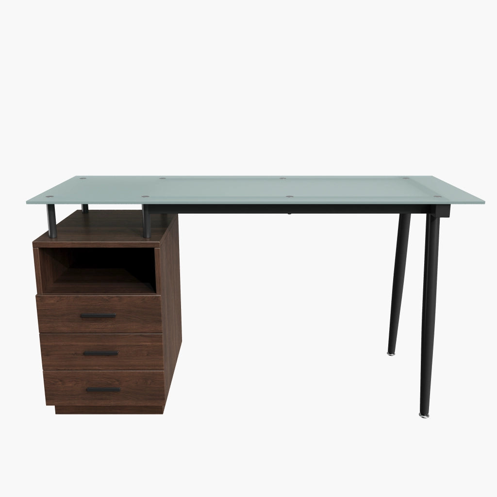 Scrivania moderna 130x50x75 cm con piano in vetro temperato, 3 cassetti e vano aperto, marrone