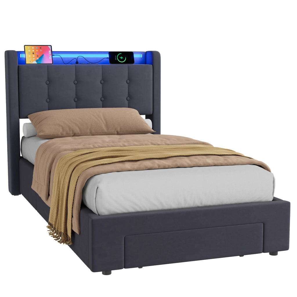 LETTO Imbottito 90 x 200 cm in Velluto con LED, USB e Contenitore
