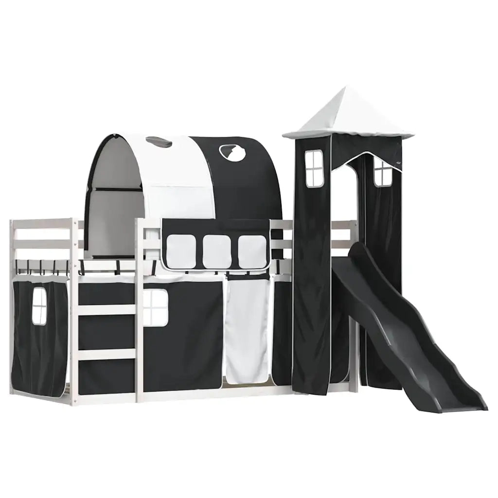 vidaXL Letto a Castello con Scivolo e Tende Bianco e Nero 90x200 cm