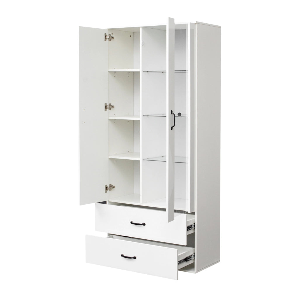Vetrina ULEVR 59,5x35x182 cm con 2 ante, 2 cassetti e LED USB controllabile via Bluetooth, bianca