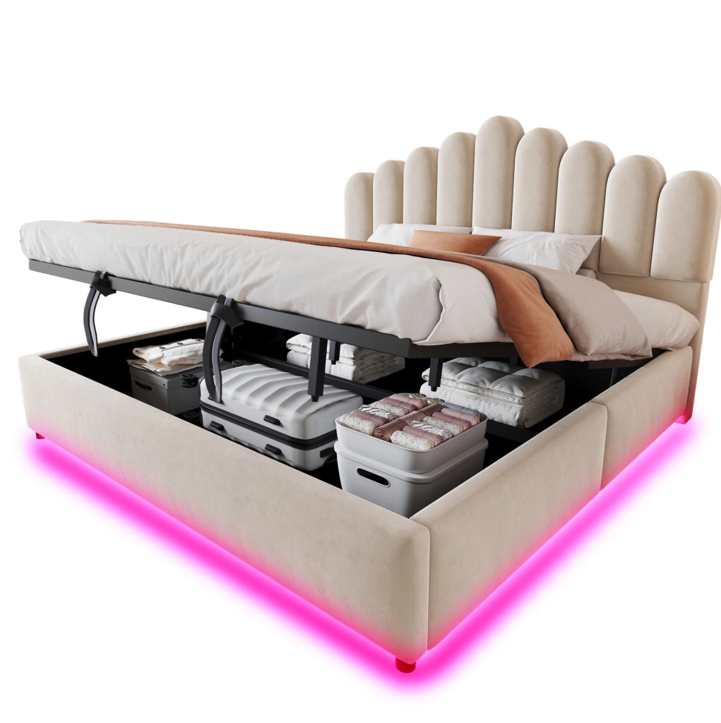Letto matrimoniale imbottito con contenitore 180x200 cm in velluto beige; con LED e testiera comfort