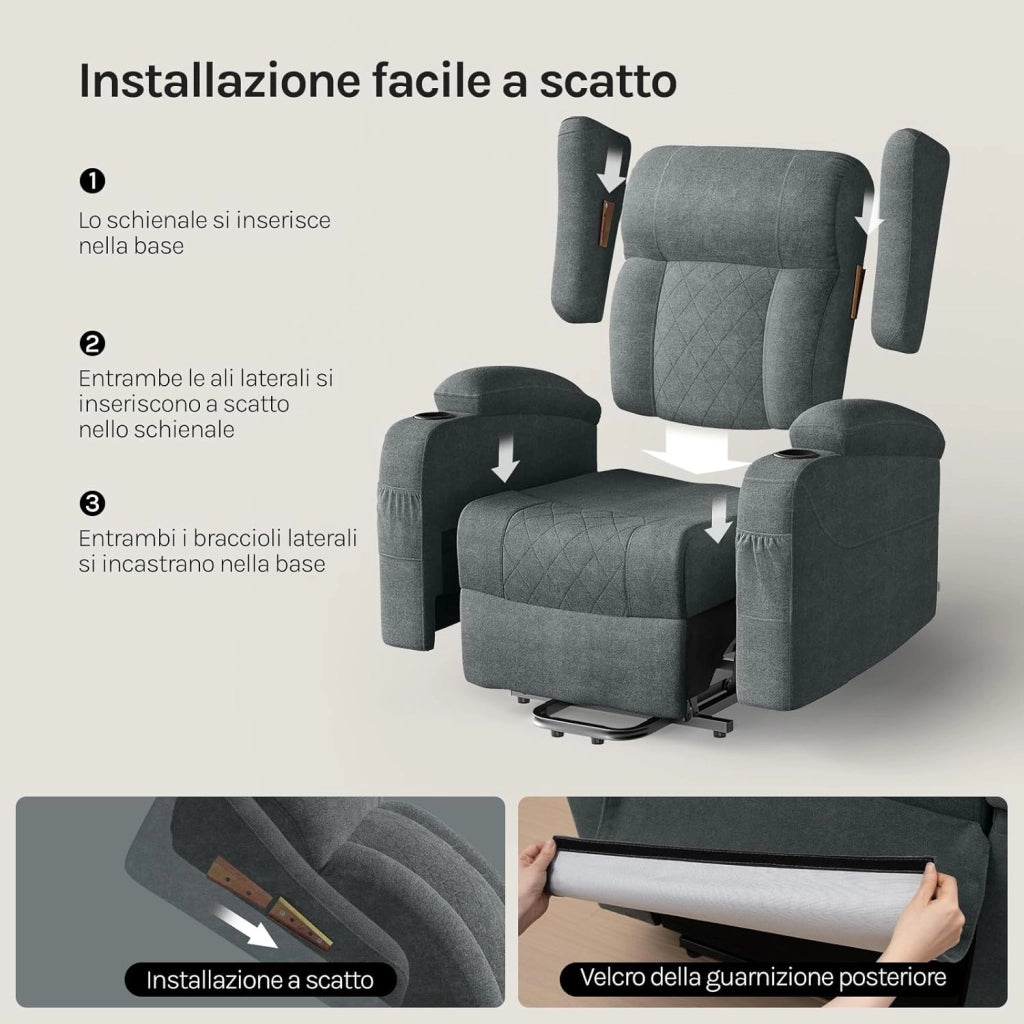 Poltrona Elettrica Reclinabile, Sedia Massaggiante con Alzapersone, Riscaldamento, Poggiapiedi, Tasche Laterali, Porta USB, Portabicchieri, per Soggiorno, Tessuto Spugna, Grigio, SKS61gr