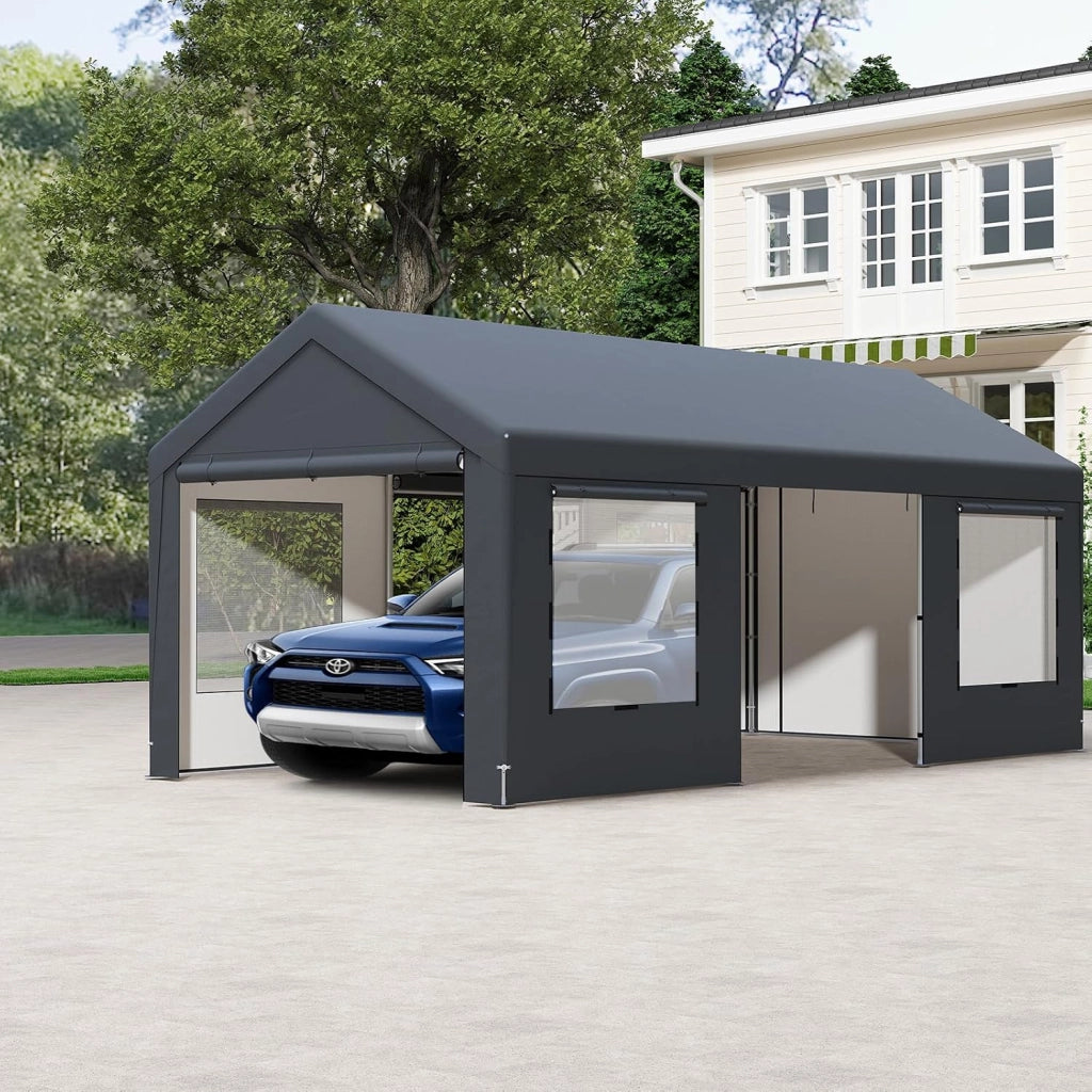 Tenda Garage Auto Esterno 300 X 595 X 280 CM, Tettoia per Auto con Telaio in Metallo e Copertura in PE Resistente alle Intemperie, Capanno da Giardino per Vehicolo, Biciclette, Moto, Attrezzi