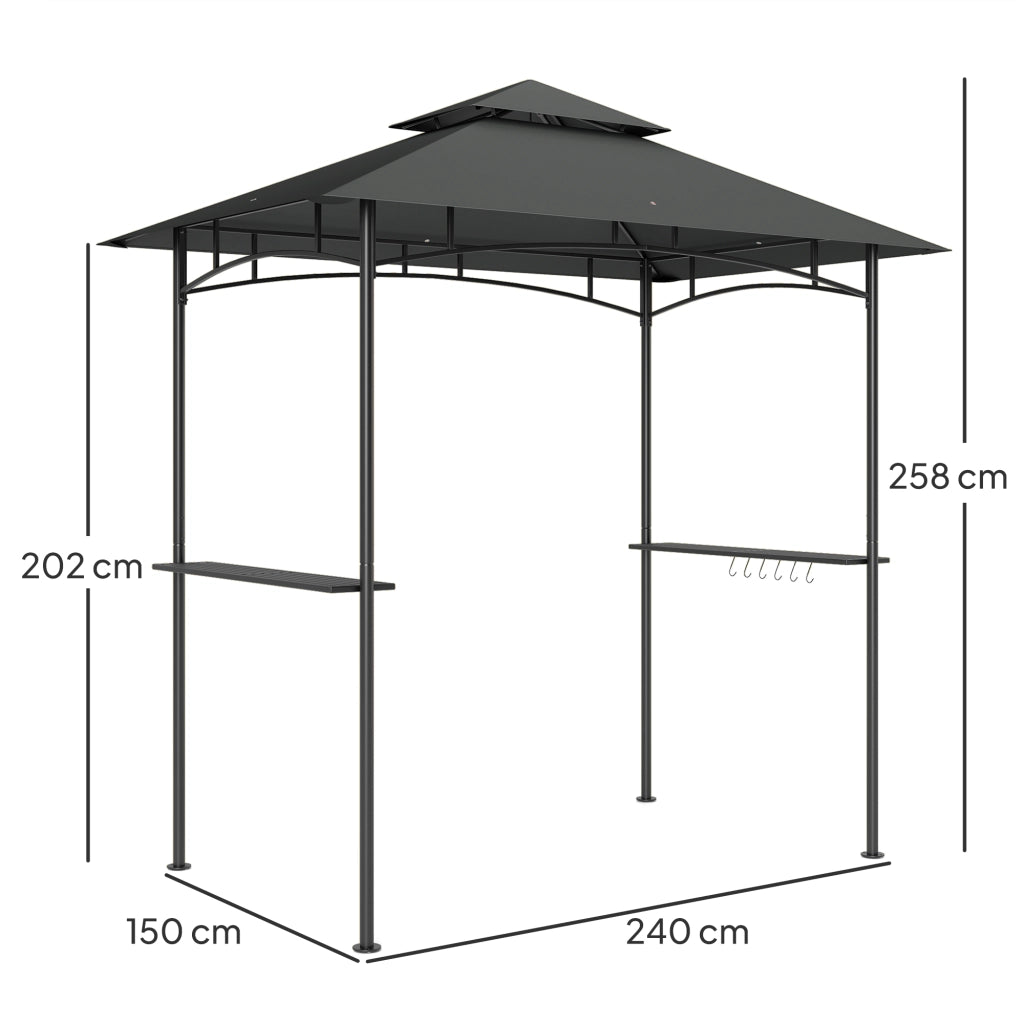 Gazebo barbecue ignifugo con LED 240 x 150 x 258 cm doppio strato di tetto mensole laterali protezione UV colore grigio scuro per giardino e feste