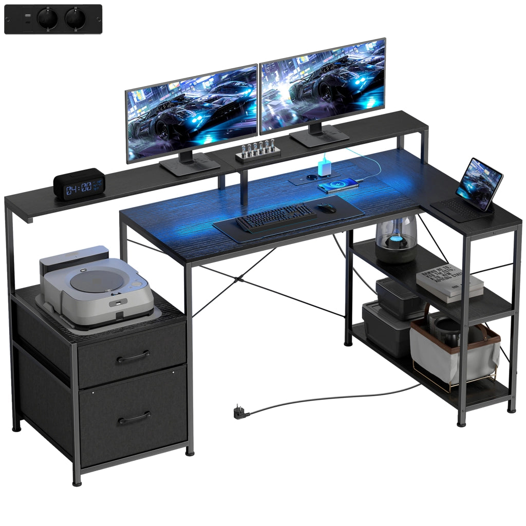 Scrivania Gaming con Spazi Portaoggetti e 2 Supporti per Monitor, in Legno e Acciaio, 165x80x91.5 cm, Nero