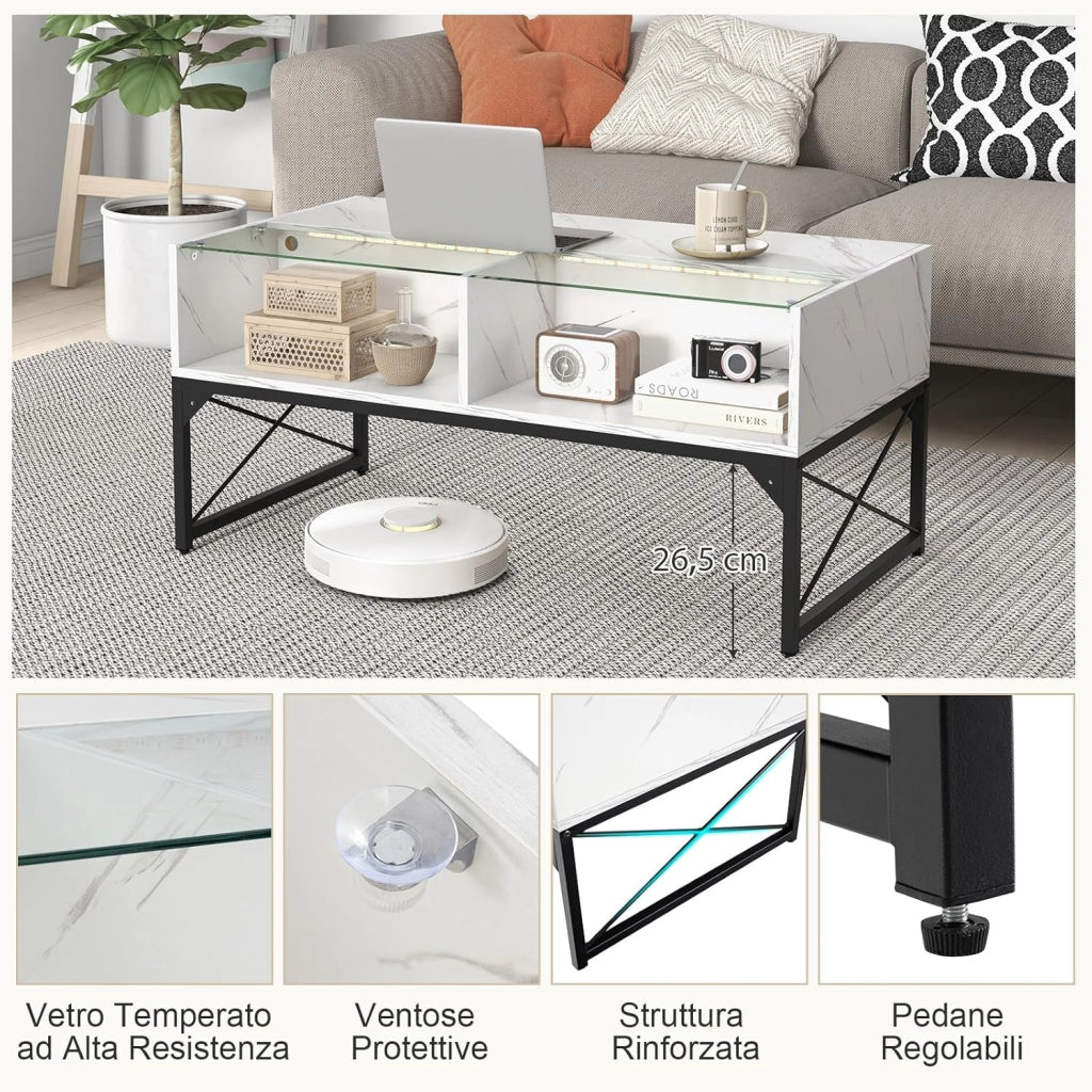 COSTWAY Tavolino da Salotto, Tavolino da Caffè da in Vetro e Legno con Luce LED Multicolore Regolabile a Telecomando e Ripiani, Tavolino per Soggiorno e Ufficio, 105 x 55 x 50 cm (Bianco)