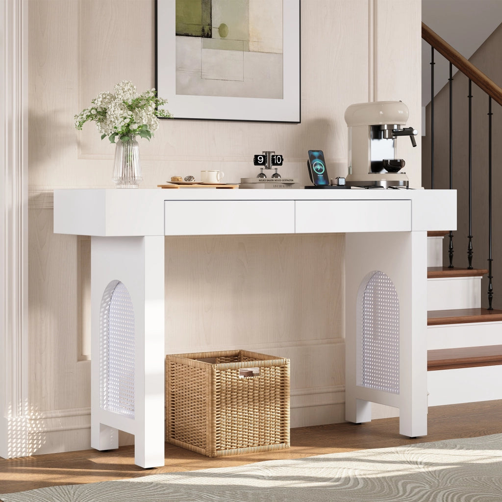 Consolle in MDF con 2 cassetti e presa integrata, design a griglia, per ingresso e soggiorno, bianco, 120 × 35,5 × 76,5 cm