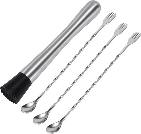Set di pestello e cucchiaio da bar per cocktail - 21cm Martelletto per ghiaccio tritato - 26cm Cucchiaio da cocktail per mescolare - Set di attrezzi da bar per mojito e altri cocktail fruttati (Pack da 4)