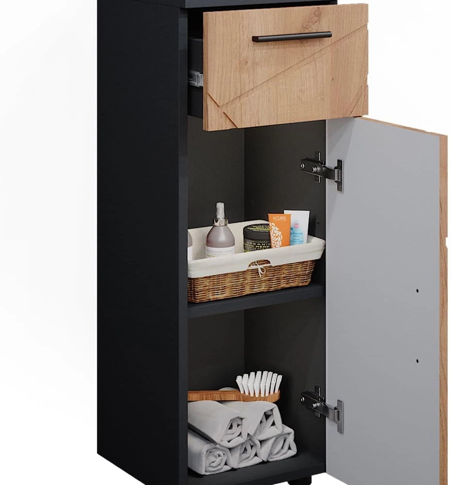 Mobiletto bagno Irma, Quercia dorata/antracite, 30 x 81 cm, per la conservazione in bagno, abbinabile alla serie Irma