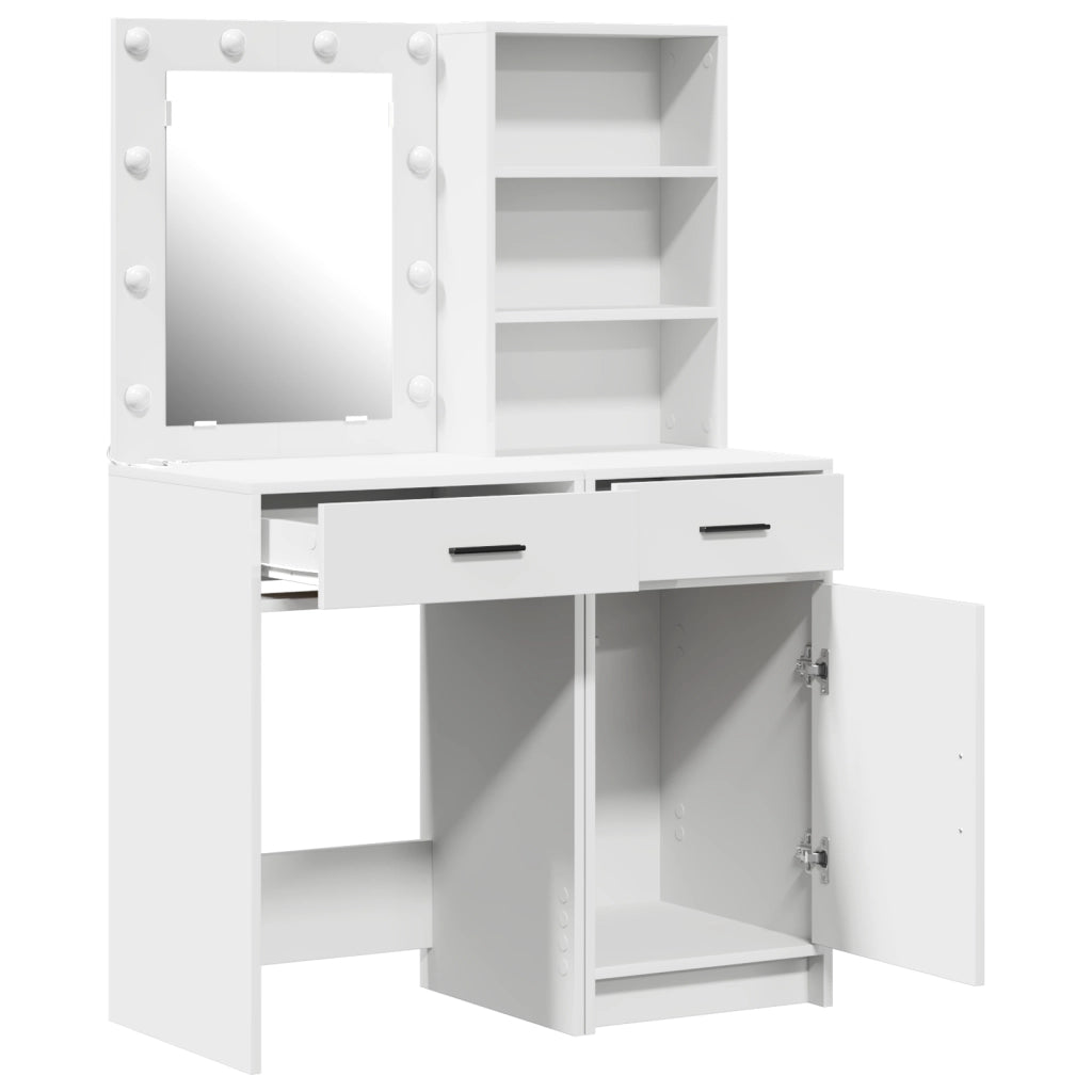Set da Due Pezzi per Tavolo da Trucco con LED in Legno Bianco