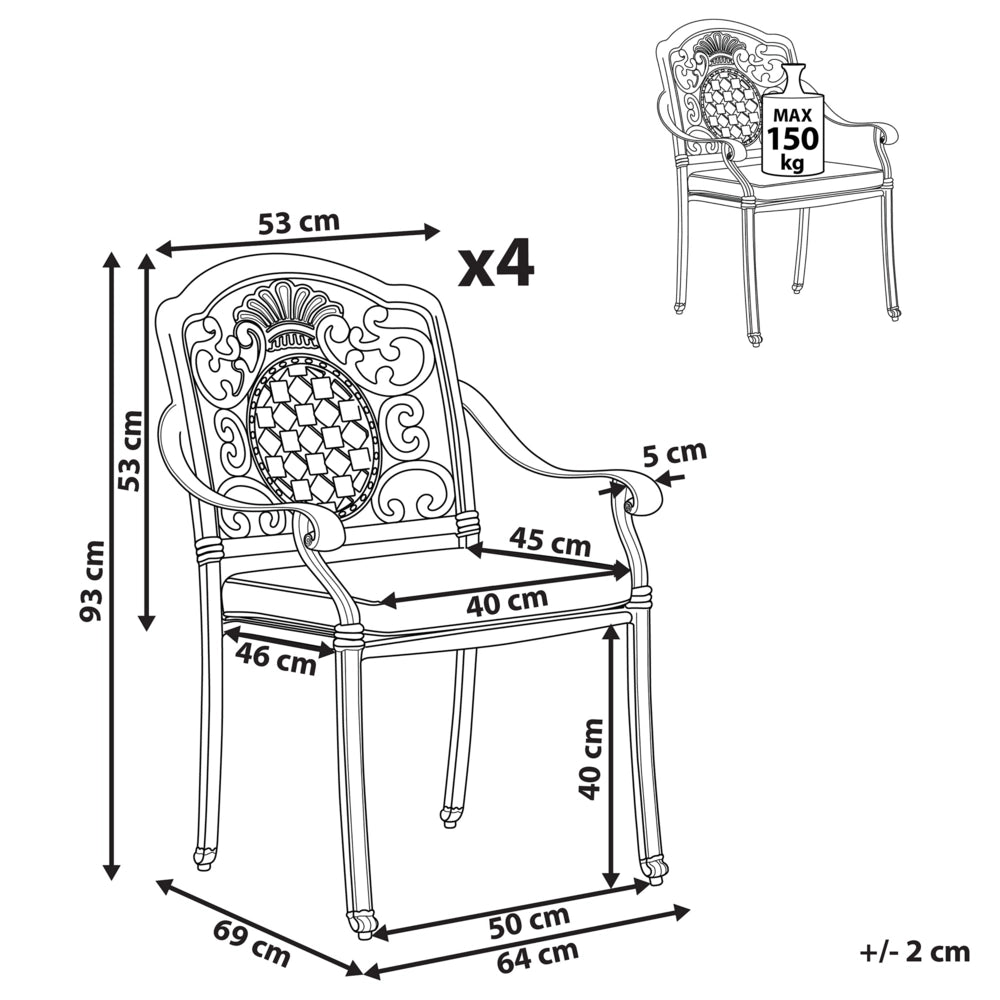 Set di 4 sedie da pranzo da giardino in alluminio marrone con cuscini di seduta per esterni in stile retrò