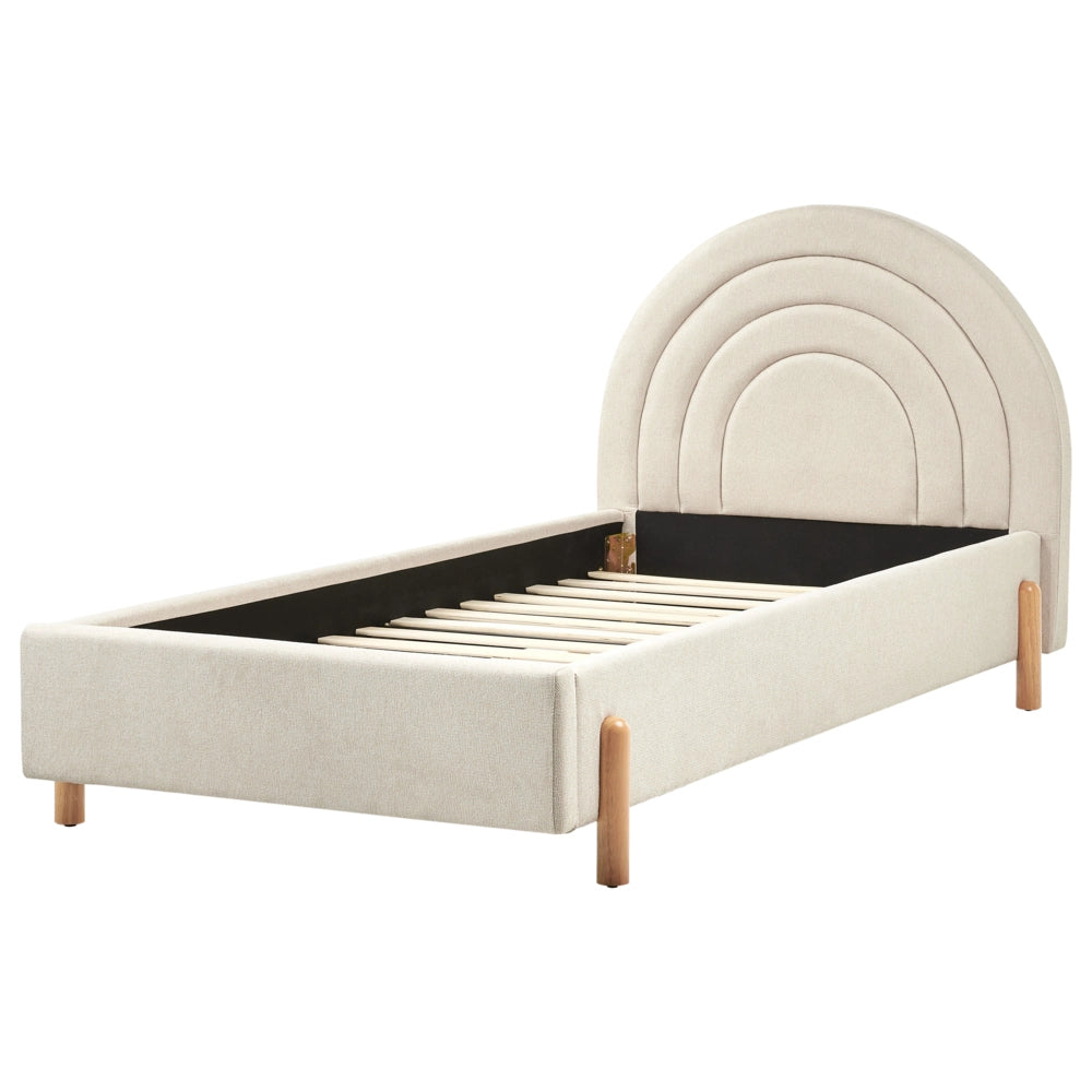 Letto singolo con testiera rotonda in tessuto beige chiaro con Base a doghe Gambe in legno con Testiera a Mezza Luna