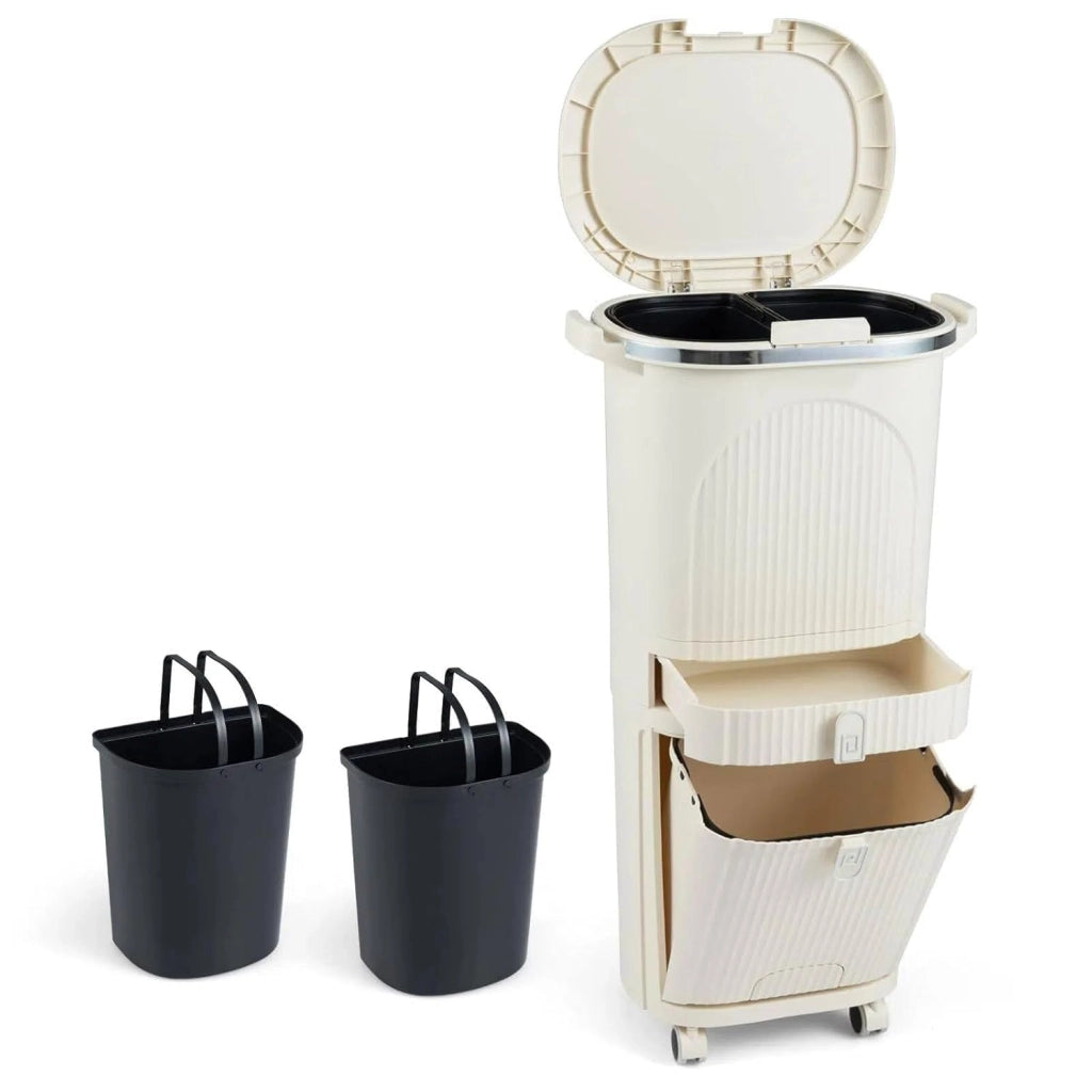 38 L（12+12+14 L） Pattumiera Differenziata, Secchio Spazzatura a 3 Scomparti con Coperchi, 2 Secchi Rimovibili Pedale e Ruote, Bidoni Differenziata per Bagno Cucina Ufficio