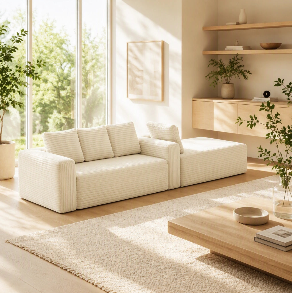 Divano modulare a L con chaise longue reversibile in velluto a coste beige
