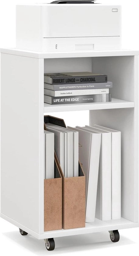 Scatola di stampa con ruote, contenitore rotante portatile con 2 pannelli aperti, supporto stampante, carrello ufficio, bianco, carrello archiviazione per casa e ufficio, 33 x 30 x 58 cm