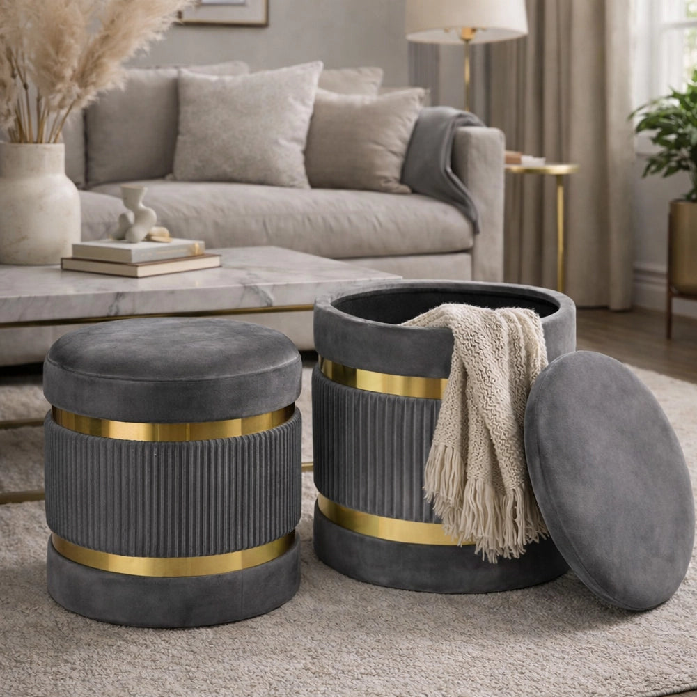 Set 2 Pouf Contenitore Grigio con Rivestimento Velluto Morbido Sgabelli Moderni