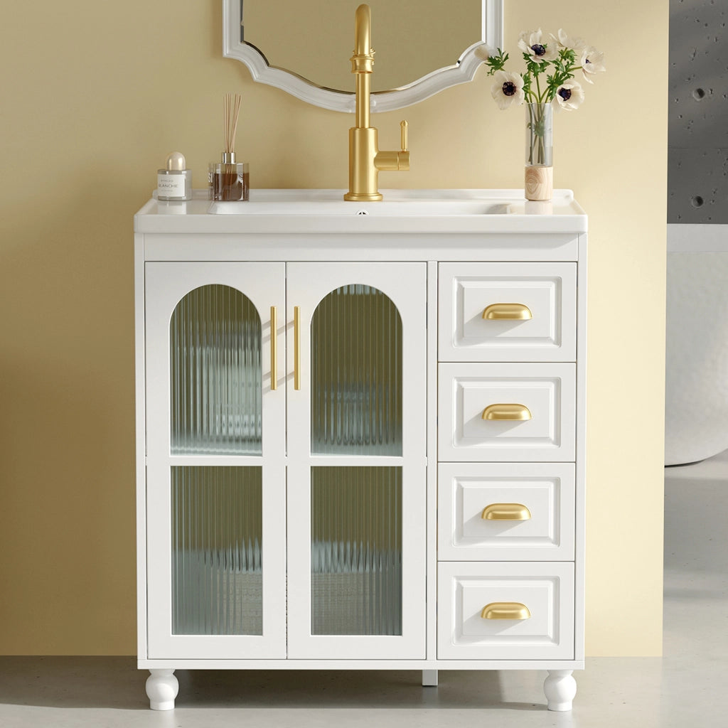 Mobile sottolavabo con 2 ante; 1 anta e 3 cassetti - per bagno - in MDF - bianco
