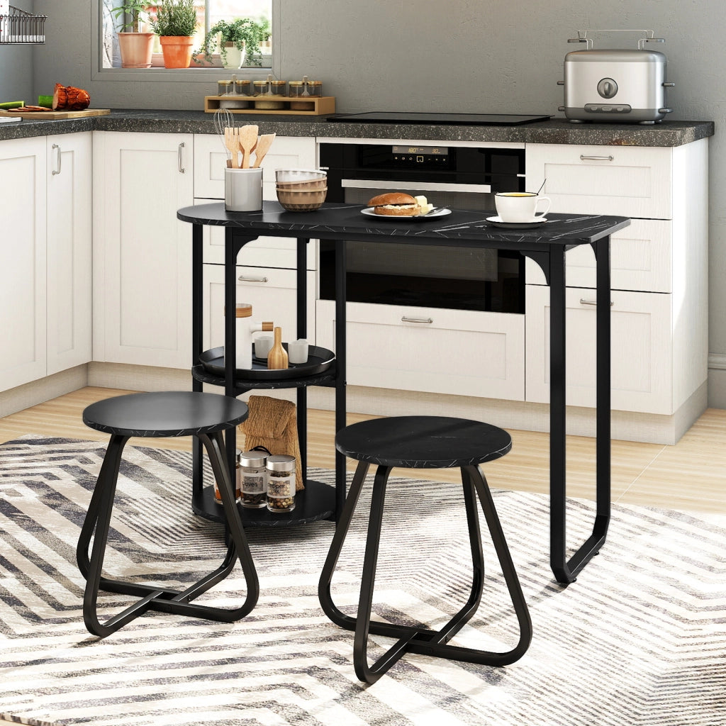Tavolo e sedie-Set pranzo industriale 3 pz tavolo cucina legno 2 sgabelli ripiani portaoggetti-Set salvaspazio appartamenti cucina soggiorno mobili