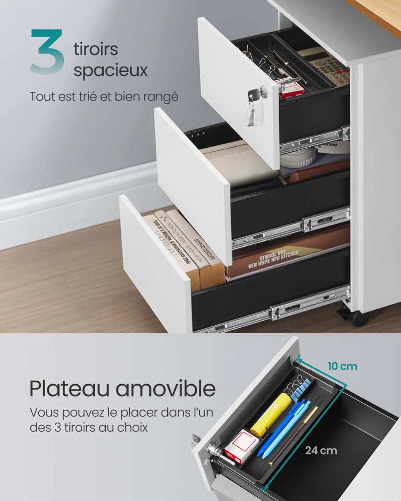 Cassettiera mobile per ufficio con serratura e 3 cassetti 39 x 45 x 55 cm contenitore preassemblato per documenti e cancelleria per ufficio o home office bianco 12_0004824