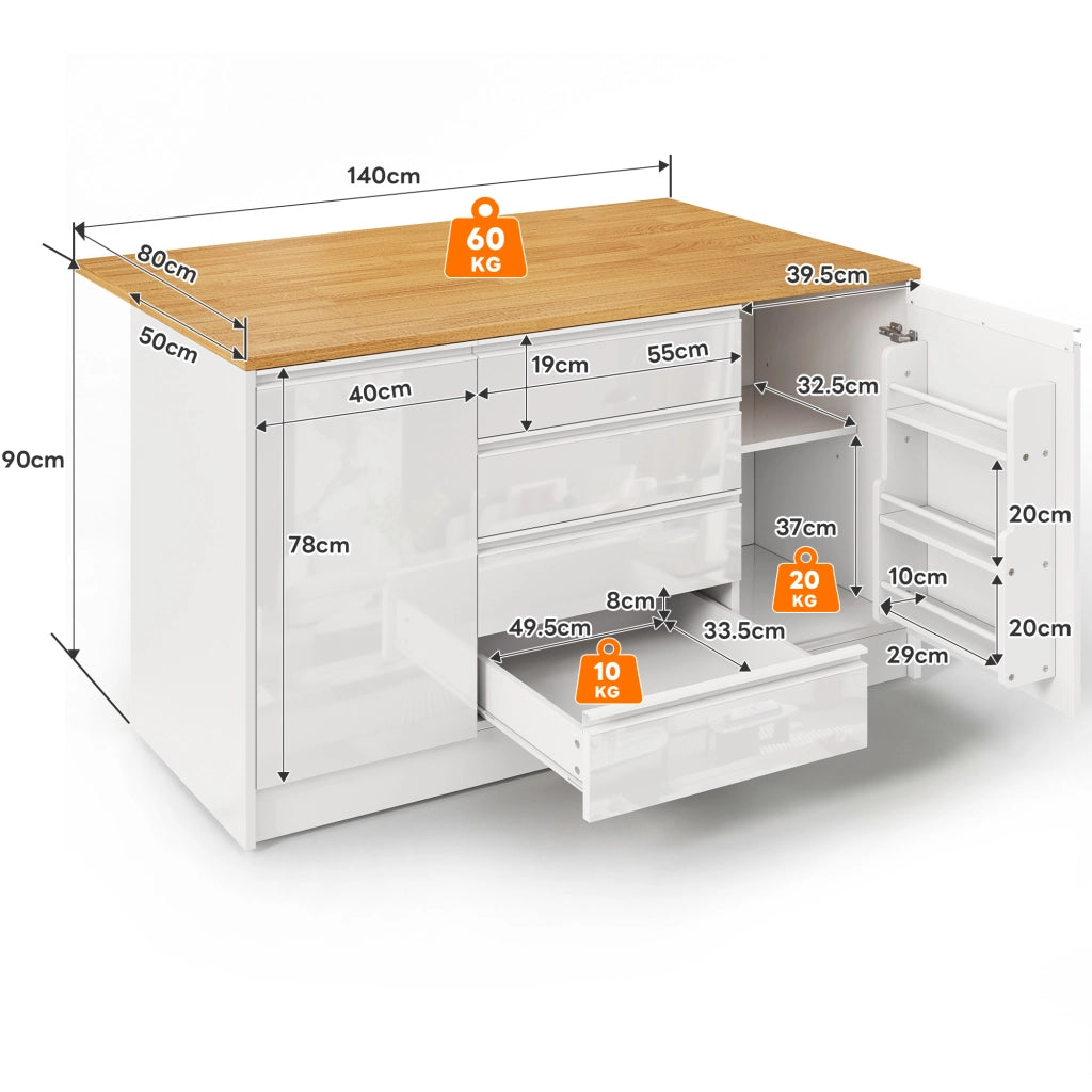 Isola Cucina con Piano Allungabile ¨C MINIMAL ¨C Bianco, 4 Cassetti, 2 Ante, 140 cm