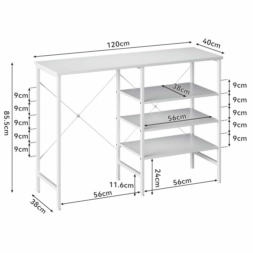 Tavolo organizer multifunzione con ripiani componibili, struttura in metallo bianco e piano bianco