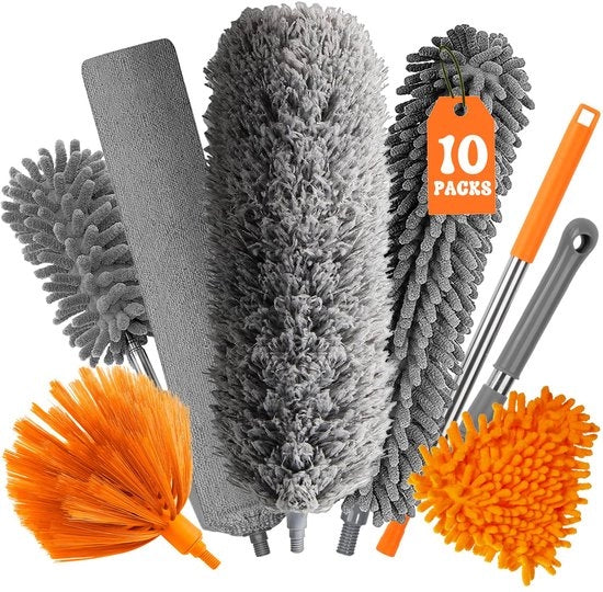 10 pacchi di tovaglioli estensibili, tovaglioli lunghi lavabili, estensibili fino a 255 cm, stracciatore di ragnatele con asta estensibile e gancio, tovaglioli in microfibra per fessure, soffitti, ragnatele