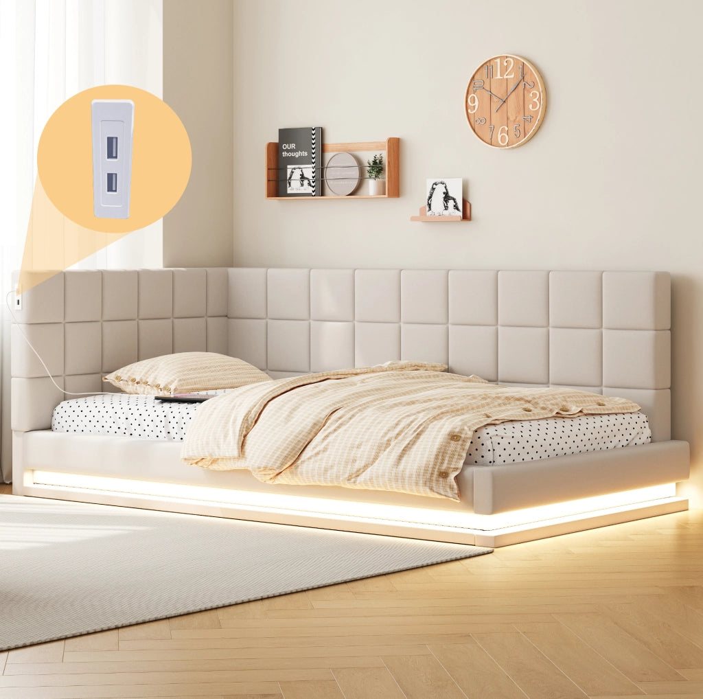 Divano letto 90x200 con LED; porta USB; rete a doghe; lino beige