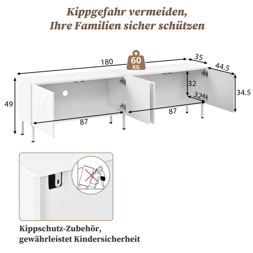 Mobile porta TV con 4 ante e 2 vani separati, piedi in metallo, in MDF e PB, per soggiorno, bianco, 180 × 35 × 49 cm