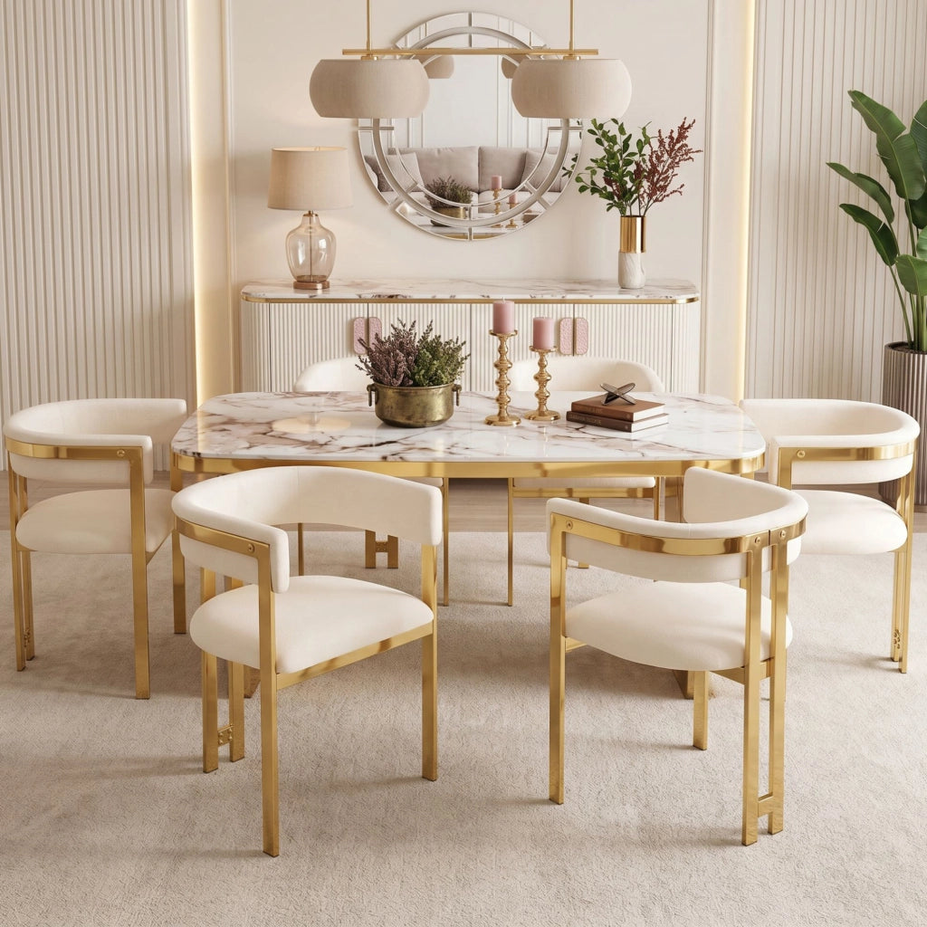 Set di 6 sedie 60.0x50.0x76.0 cm con schienale semicircolare in chenille beige e oro