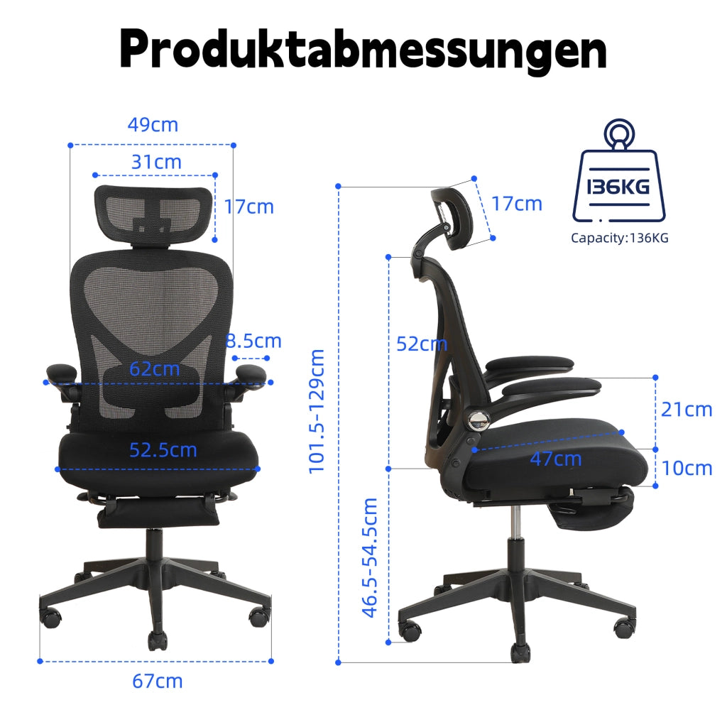 Chaise de bureau ergonomica pieghevole con supporto lombare e poggiatesta 3D in schiuma nera 65 × 61 × 40,5 cm