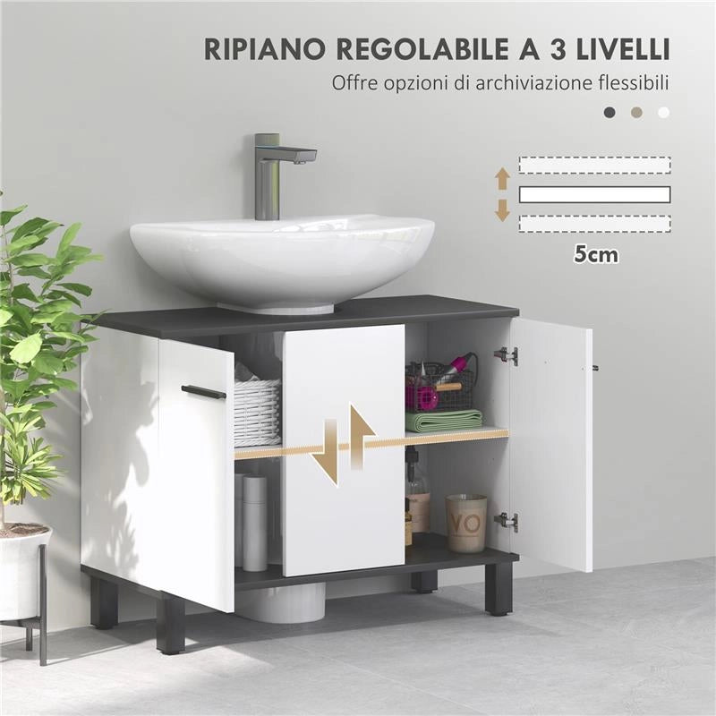 MOBILE SOTTOLAVABO BAGNO CON ARMADIETTO 2 ANTE E RIPIANO REGOLABILE 80X34X60 CM BIANCO LUCIDO
