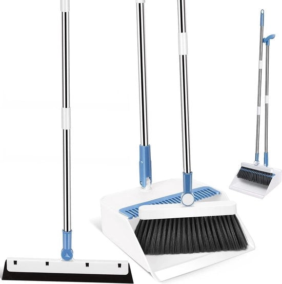 Set di spazzola e spazzola con lunga maniglia - Set di spazzola e spazzolone - trascinatore di pavimento - denti di spazzola - spazzola rotativa 180 gradi - pulizia cucina casa ufficio - bianco blu Stoffer en blik met lange steel
