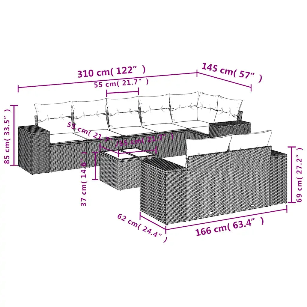 Set Divani da Giardino 9 pz con Cuscini Grigio in Polyrattan 3222830