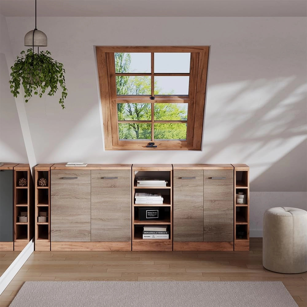 Set di mobili sottotetto Rion, Sonoma, 210 cm Set di 5 carcasse armadio profondità 60 cm, adatto per il salvaspazio sotto tetti spioventi