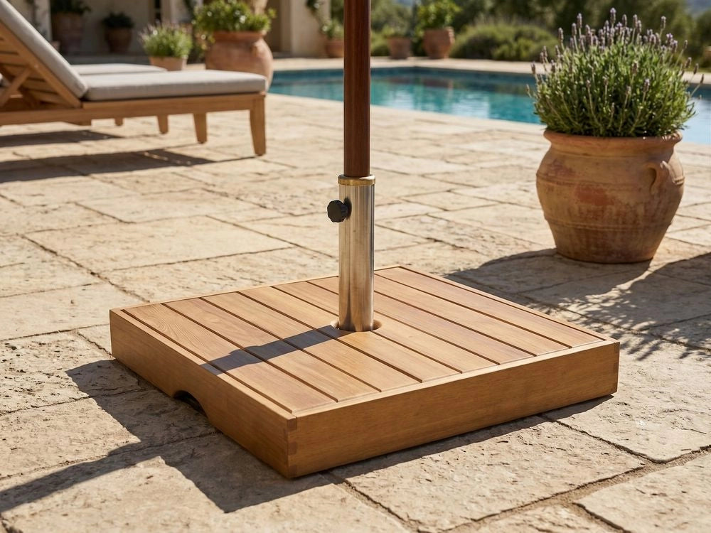 Base per ombrellone quadrata in legno di rovere e marmo marrone per ombrellone da esterno