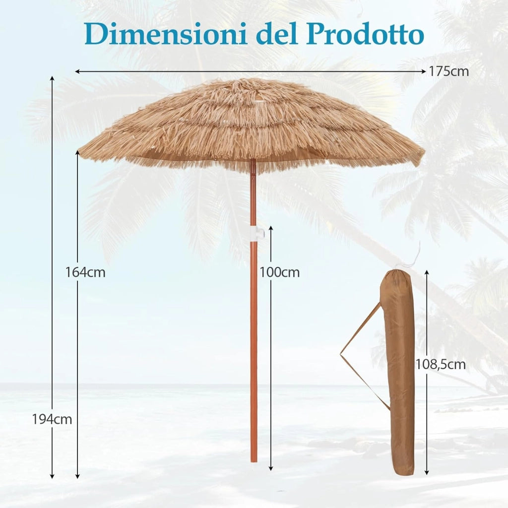 Ombrellone da Spiaggia 175 cm, Ombrelloe di Paglia PP con Borsa, Parasole Hawaiano con Inclinazione Regolabile, con Base, per Spiaggia Giardino Piscina (175 cm con Base)