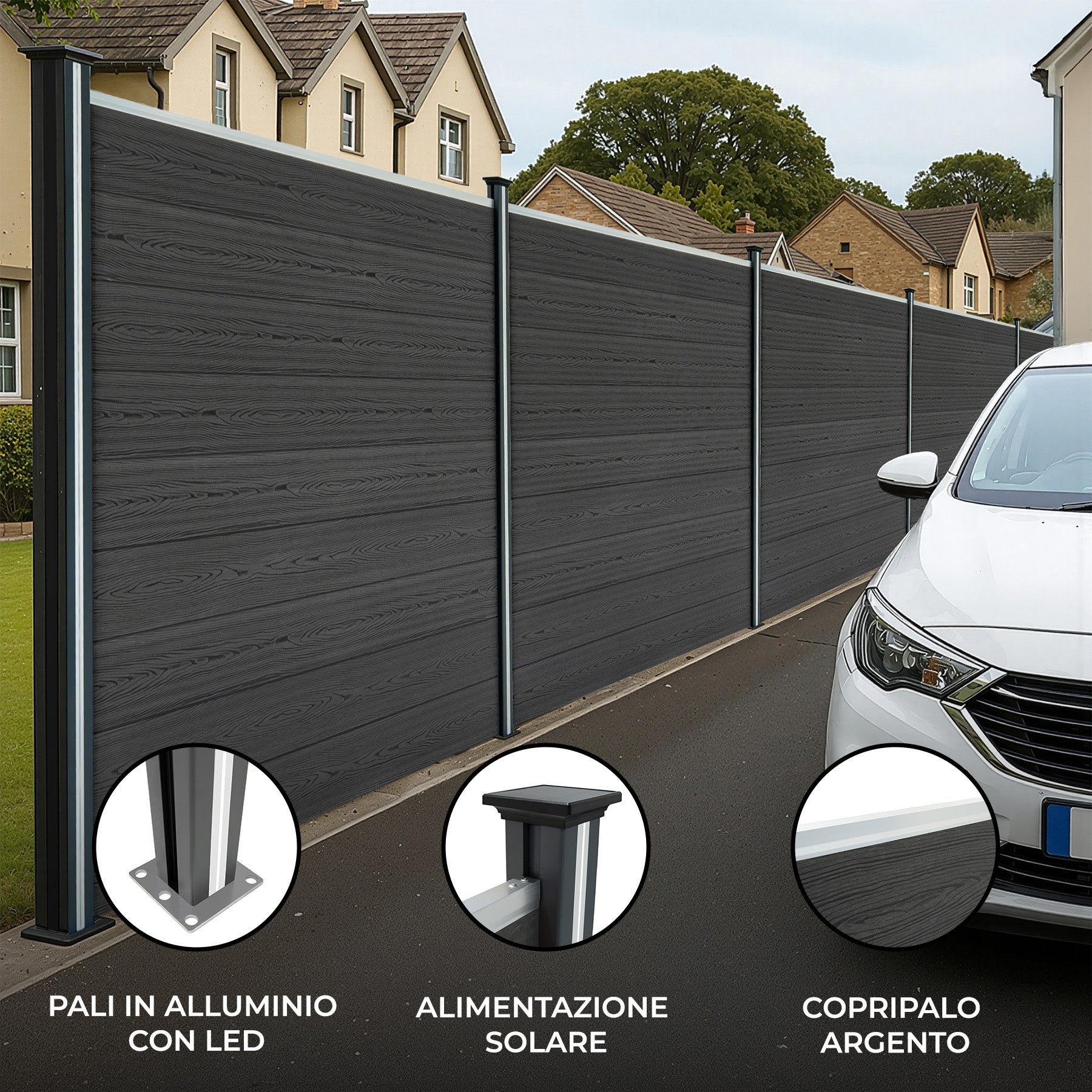 Pannelli Recinzione x8 + 9 Pali Alluminio LED Grigio Doghe PVC 185cm