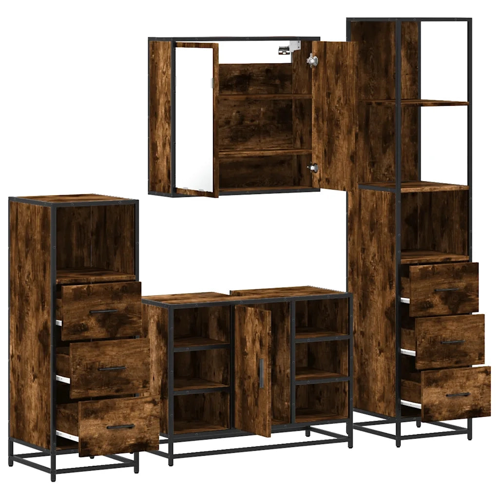 Set Mobili da Bagno 4 pz Rovere Fumo in Legno Multistrato