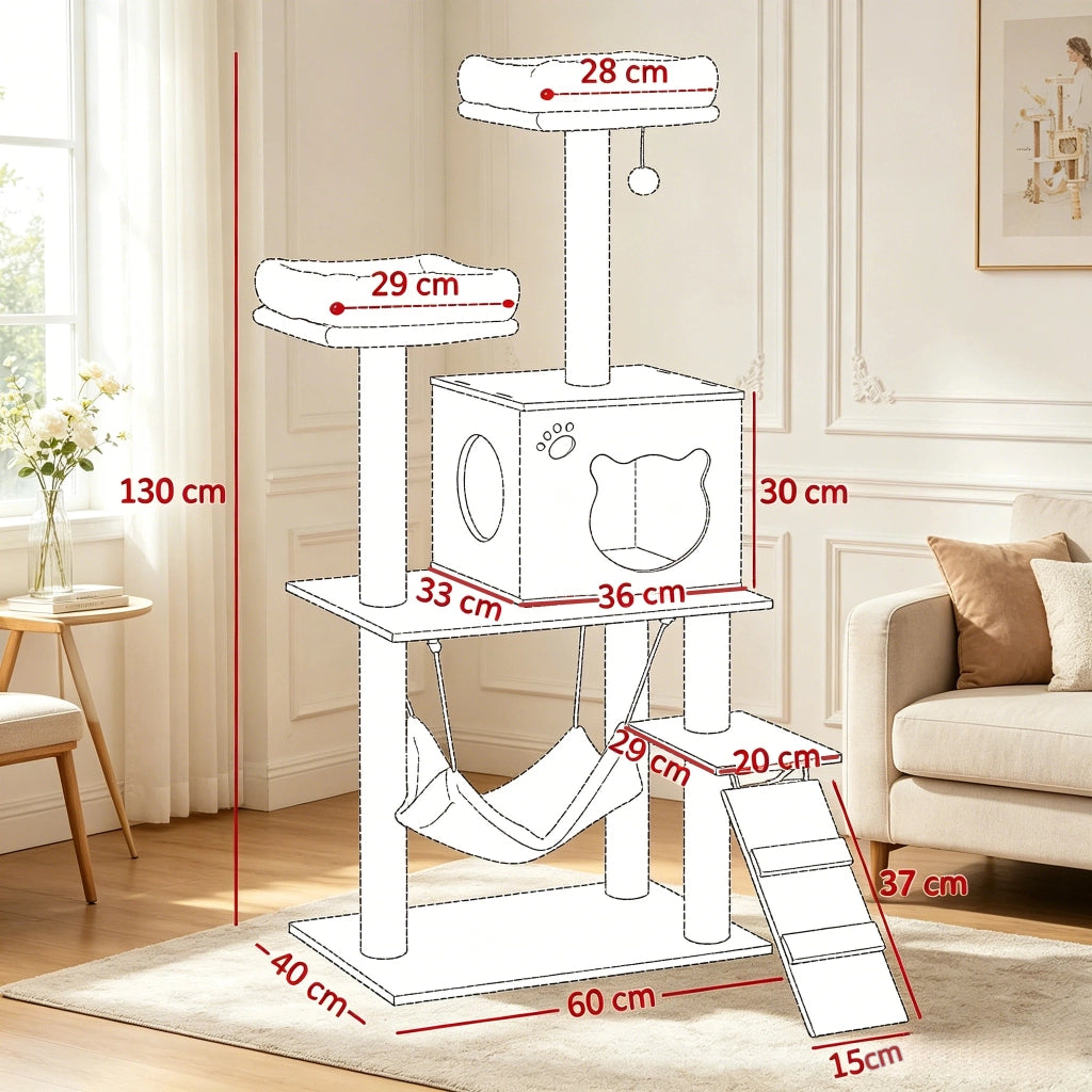 Albero Tiragraffi per Gatti Multilivello in Truciolare e Peluche, Beige/Marrone, 60x40x130 cm