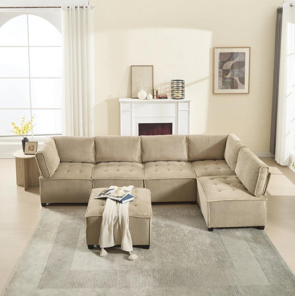 Divano modulare 6 posti in corduroy; configurazione U/L e funzione letto; khaki