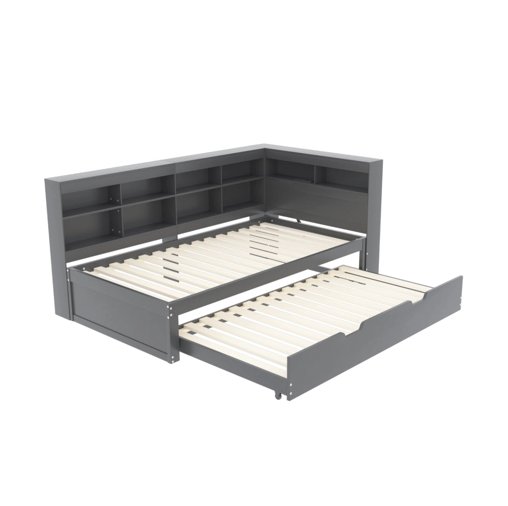 Divano letto 90x200 cm con USB e vani contenitore; legno; grigio