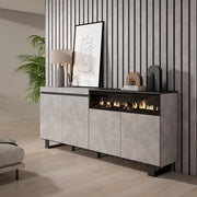 Credenza, Mobile, 200x35x87cm, 4 Porte, Camino elettrico, Design industriale, grigio cemento RF2374