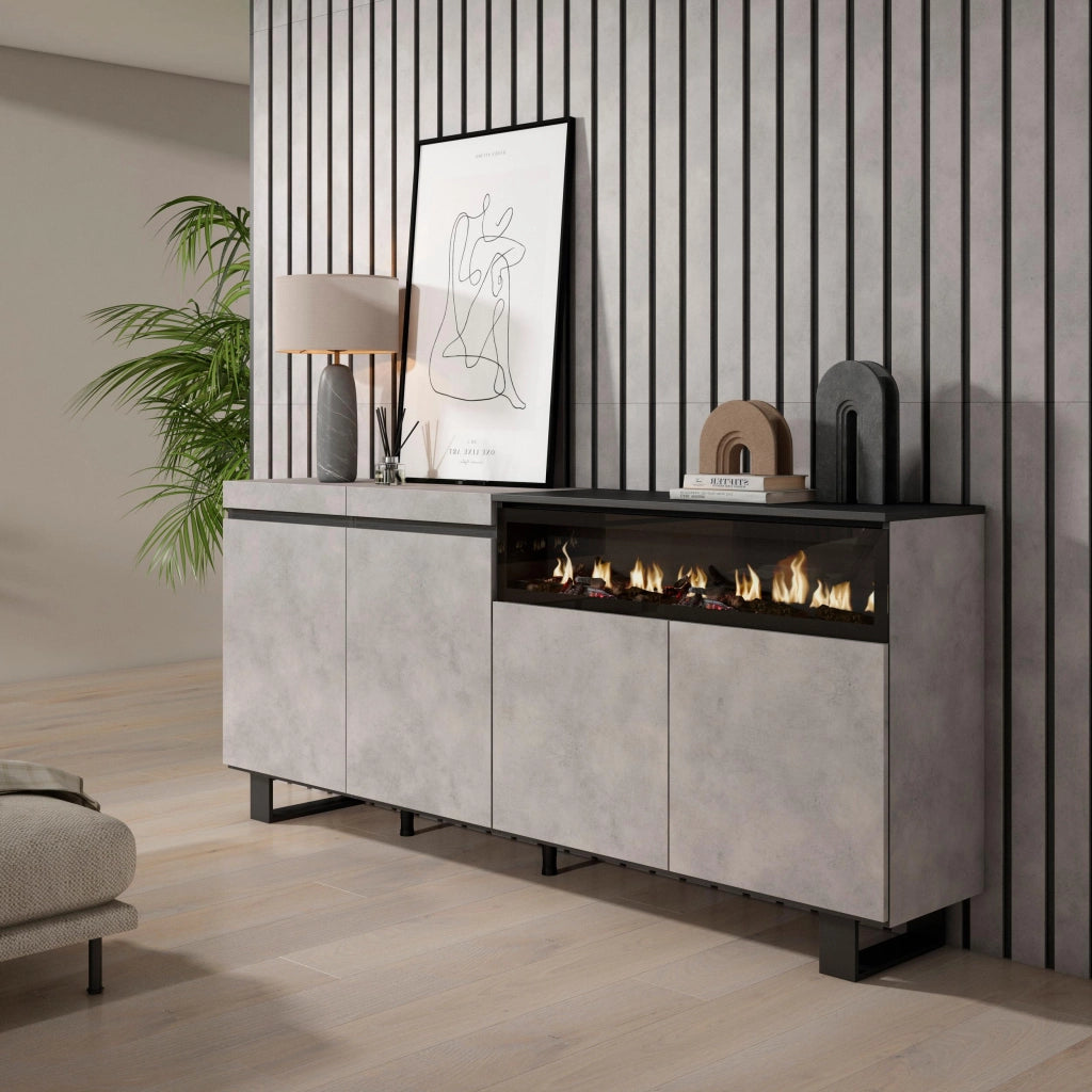 Credenza, Mobile, 200x35x87cm, 4 Porte, Camino elettrico, Design industriale, grigio cemento RF2374