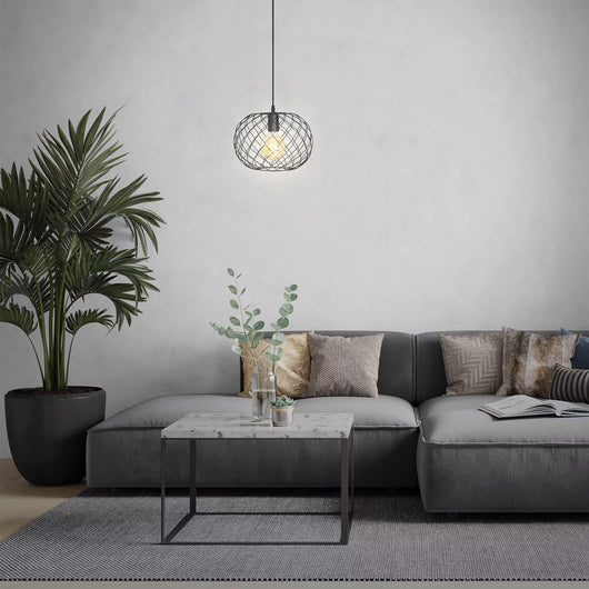 Lampada A Sospensione Vintage Winki Legno Marrone Metallo Nero 1 Luce E27 D.30