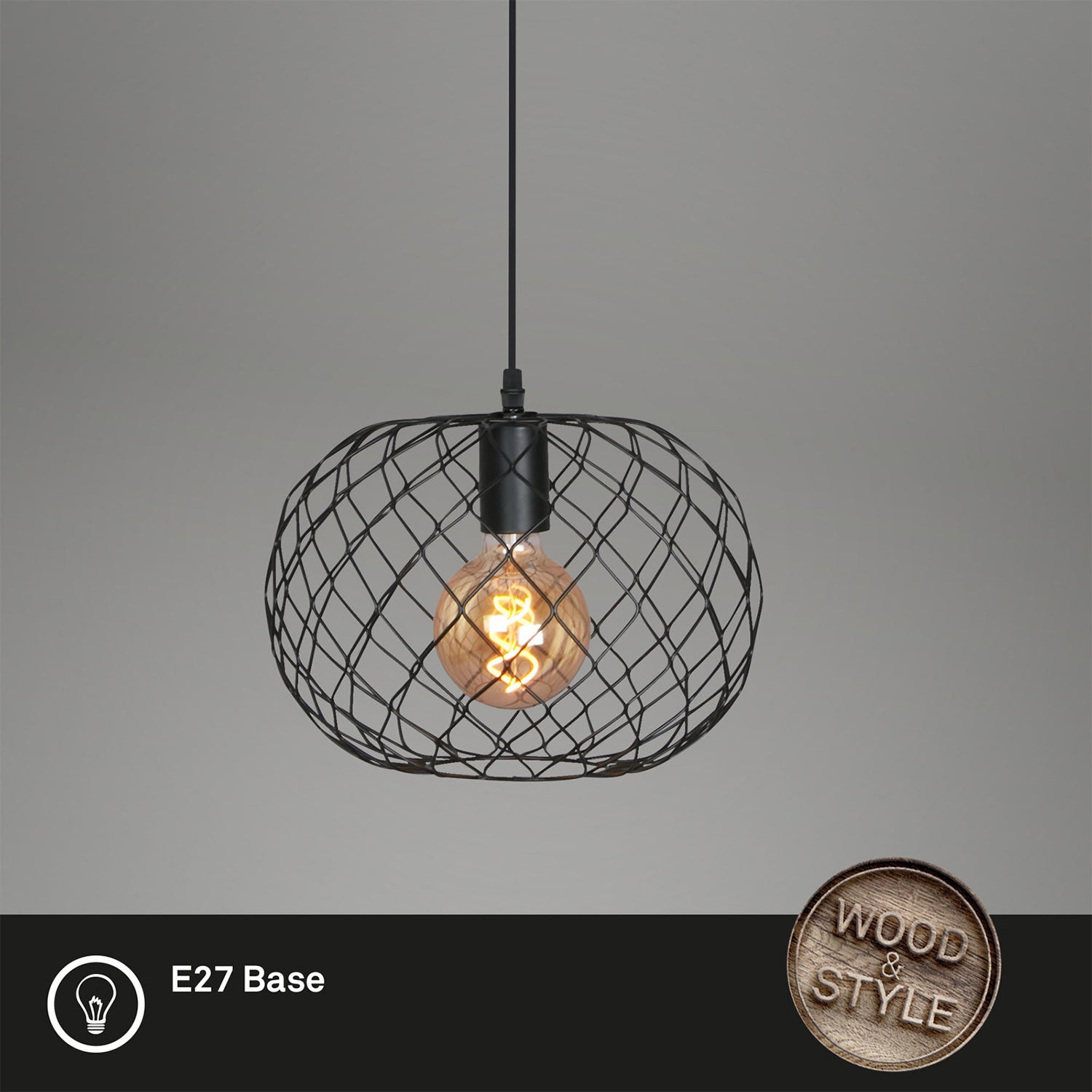 Lampada A Sospensione Vintage Winki Legno Marrone Metallo Nero 1 Luce E27 D.30