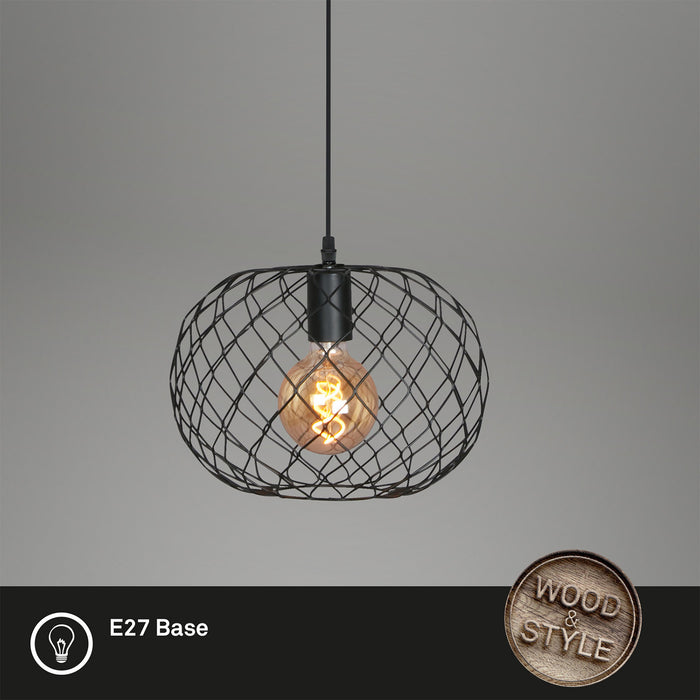 Lampada A Sospensione Vintage Winki Legno Marrone Metallo Nero 1 Luce E27 D.30