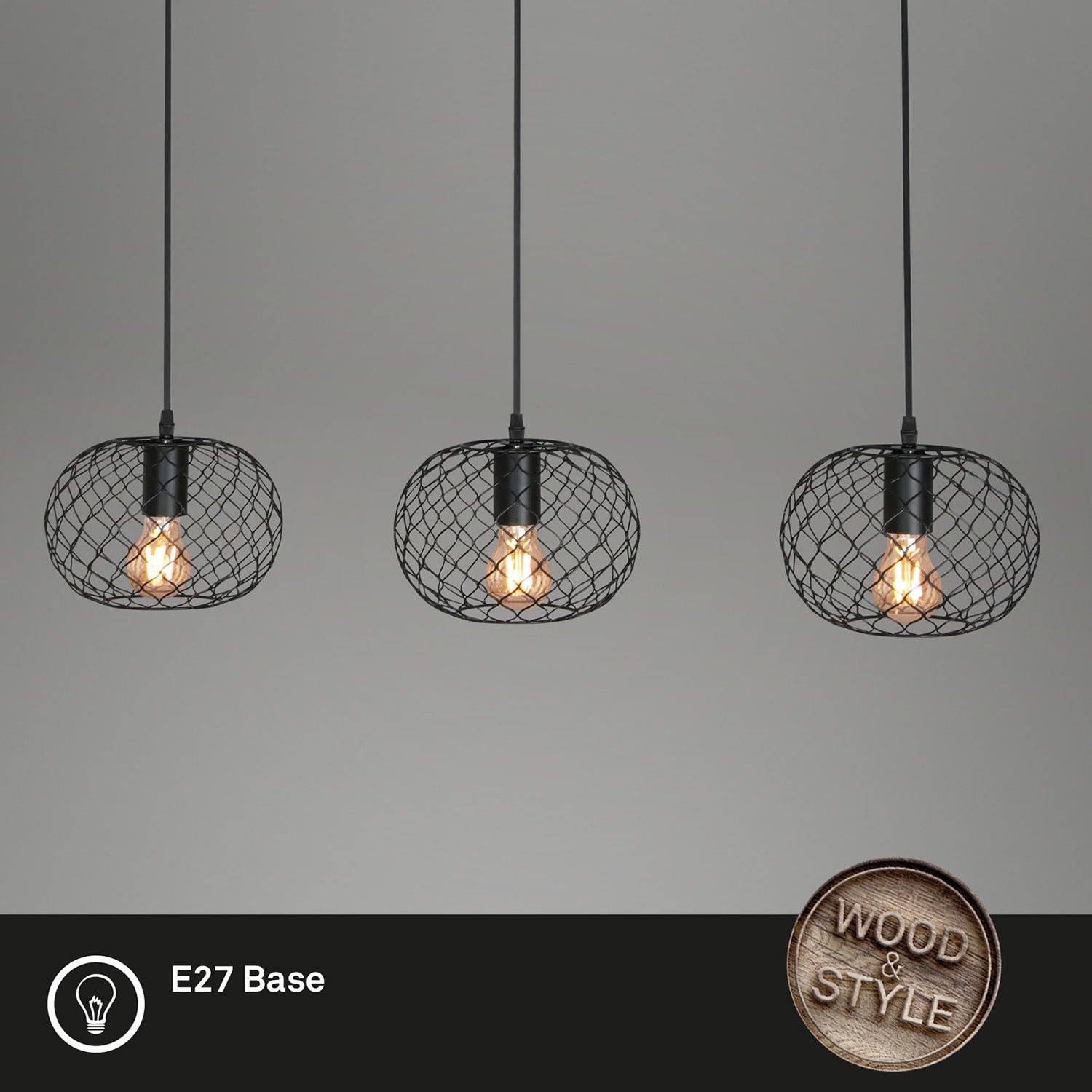 Lampadario Vintage Winki Legno Marrone Metallo Nero 3 Luci E27