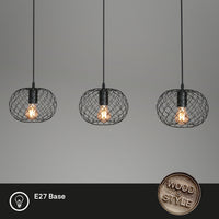 Lampadario Vintage Winki Legno Marrone Metallo Nero 3 Luci E27