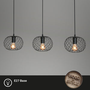 Lampadario Vintage Winki Legno Marrone Metallo Nero 3 Luci E27